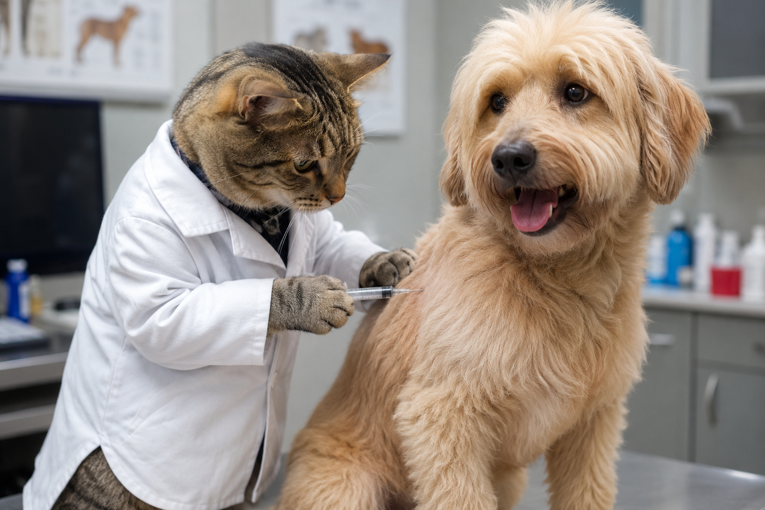 A tabby cat in a white lab coat giving a vaccination to a calm golden doodle dog on an exam table in a veterinary clinic